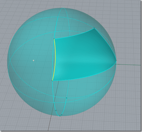 Rhinoéros 3D - Surface sphérique découpée par polyligne projetée - la surface est implicitement présente sur la face